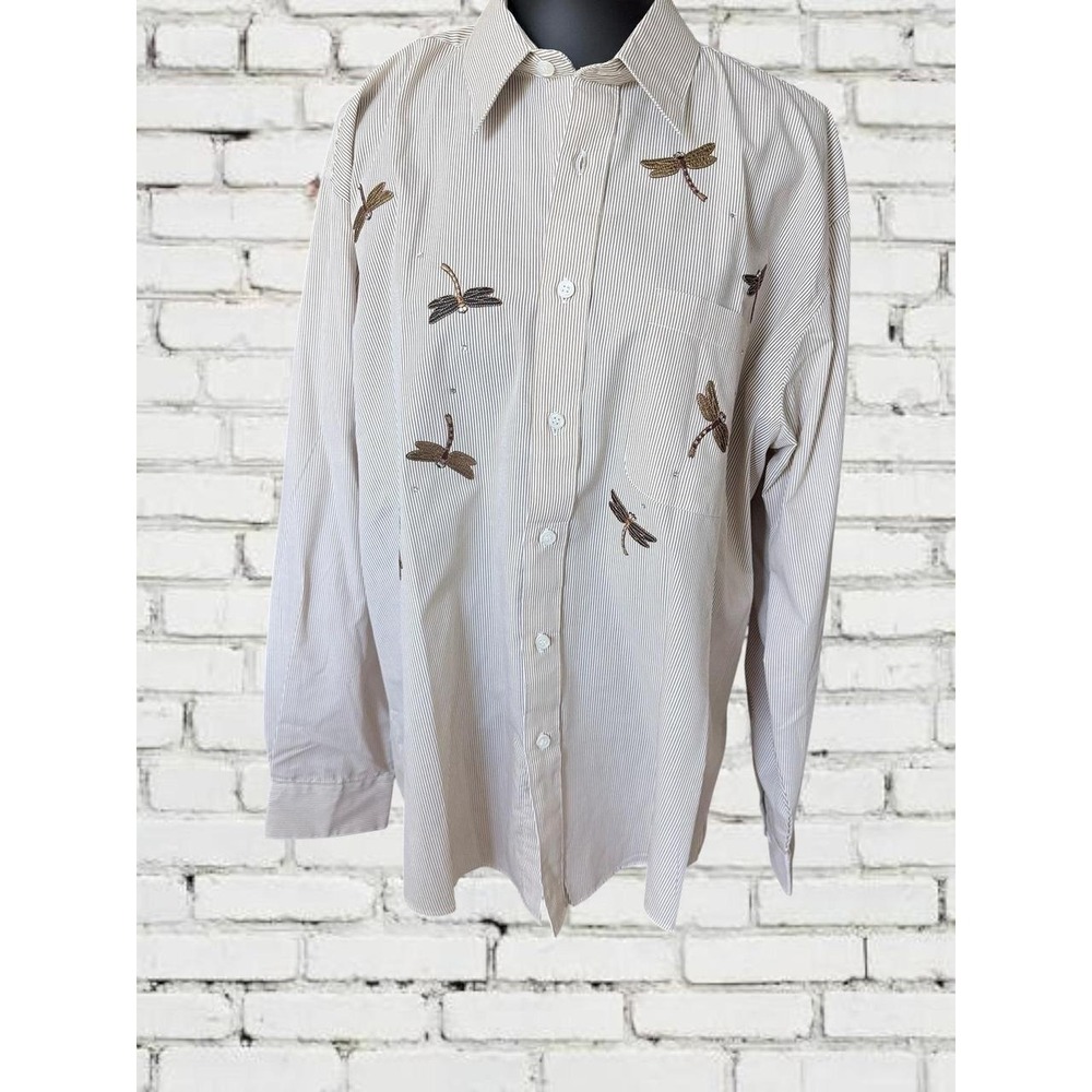 Lysa‎ Jayne Collection Button Down Women XL Tan White Stripe Dragonfly Embroider